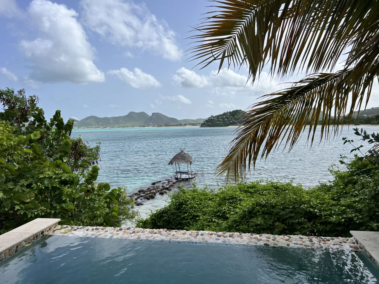 A tiled plunge pool in the foreground, its water still, with a large palm frond overhanging from the left and flowering shrubs at the edge. Beyond it a bay of pale turquoise water holds a small thatched shade hut on a rock jetty, with green hills along the far shore.