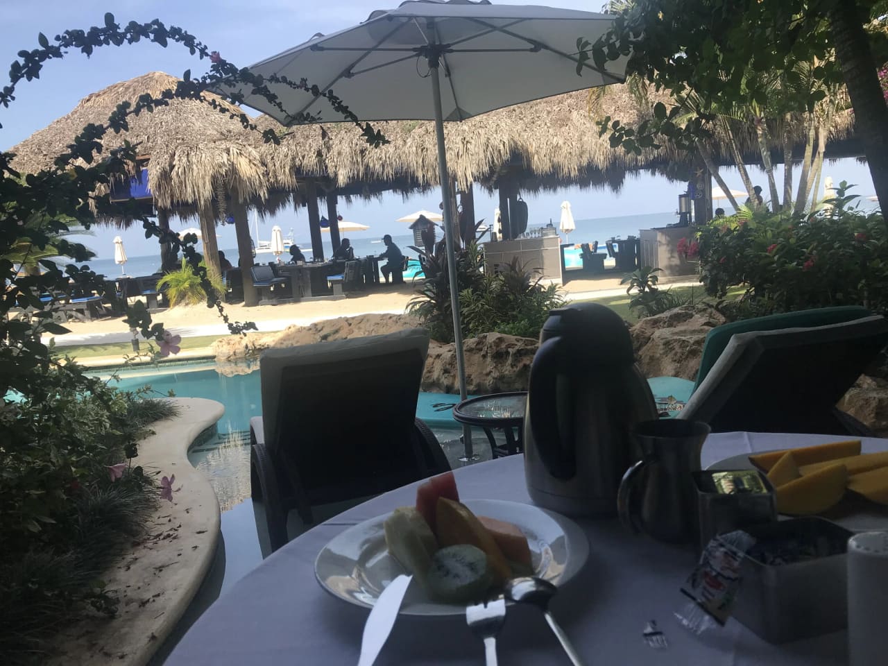Fruit plate outside our Sandals Negril swim-up room, overlooking the pool, Barefoot by the Sea and the ocean.